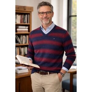 Tommy Hilfiger XL Navy Burgundy Striped V-neck Cotton Sweater Preppy